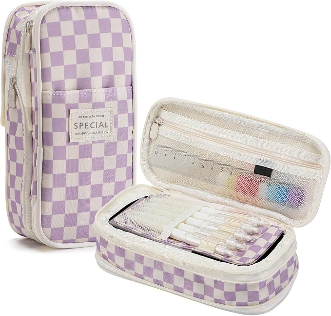 Bigmeta Gingham Expandable Pencil Case for Teens Girls - Purple | Zipper Gusset for Adjustable Capacity, Checkered Cute Pencil Pouch, Stationery Bag Box for Student Back to School Gifts