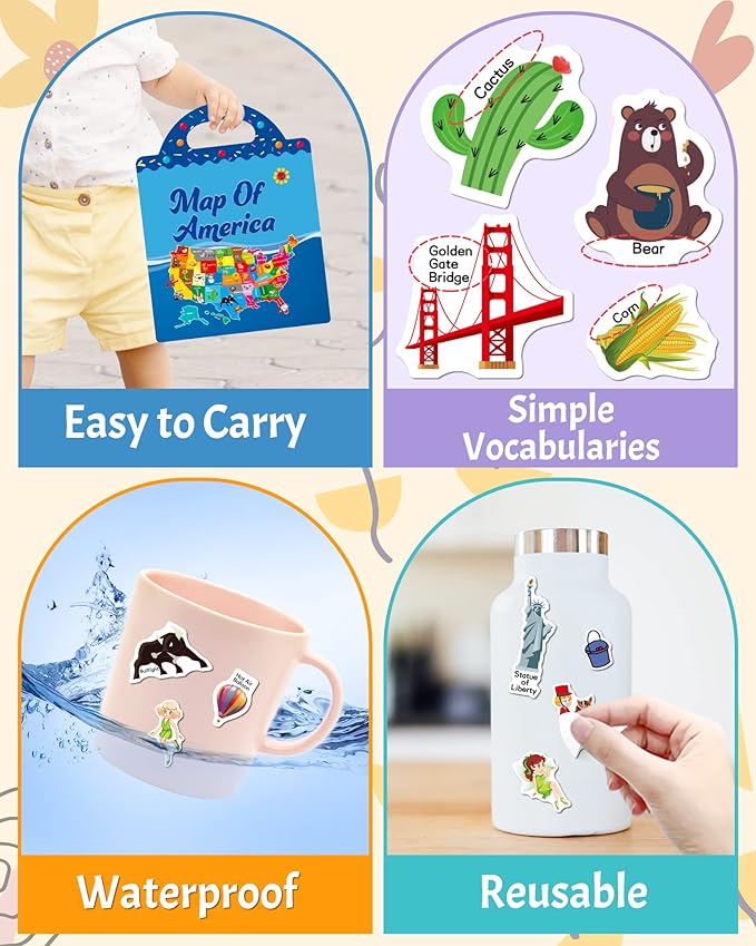 Benresive Reusable Sticker Book for Toddlers, Stickers for Kids, Travel Toys for Arts & Crafts Activities, Birthday Gift for Boys & Girls, America Map, Fairy, My House Themes