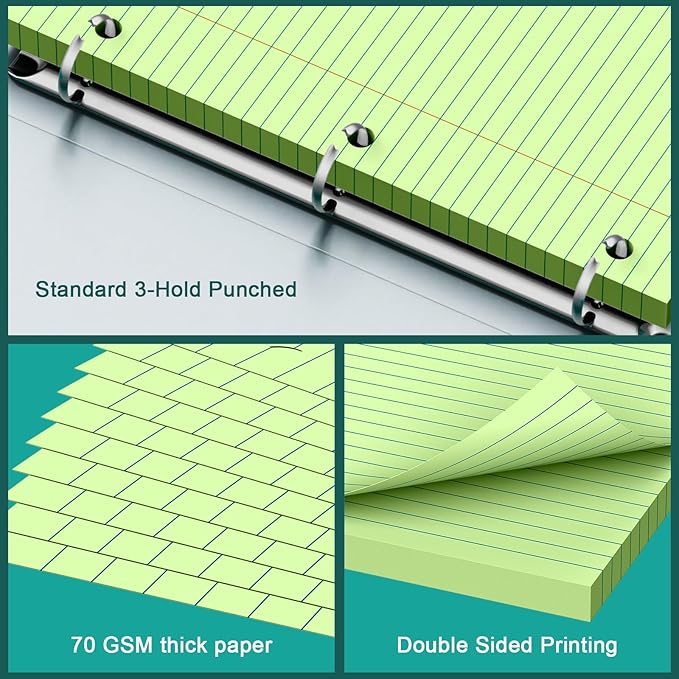 Green Note Pads 8 X 10.5 Loose Leaf Paper, 120Sheets, 3 Hole Punched Lined Paper, College Ruled 8 X 10.5 Notebooks, 10-1/2" X 8 Binder Writing Pads, Filler Paper for Office, School Supplies