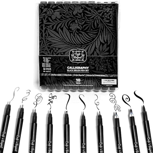 Craft 'n' Beyond Calligraphy Brush Pens Pack of 10 Markers for Hand Lettering, Art Drawing, Sketching, Scrapbooking, Writing, Journaling tip - Beginner Kit with Fadeproof Black Ink