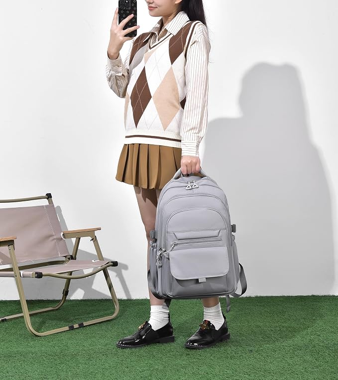 PRLINJSK Girls Backpack for College High Middle School Student, Cute Aesthetic Bookbag for Teens Women with Accessories,Grey
