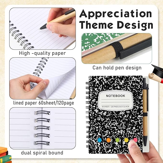 Dunzoom 12 Sets Spiral Notebook Bulk, Steno Pads Lined Notepad with Pen, Sticky Notes Colored Index Tabs, 5.2" x 4.1" Pocket Notebook for Home Business Office Supplies, 60 Sheets (Black)