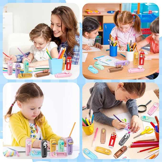 12 Pack Cute Retractable Pencil Erasers for Kids Bulk Kawaii Cartoon Fun Erasers for Teacher Class Rewards Favor School Supplies Home Office Party Gift Filling