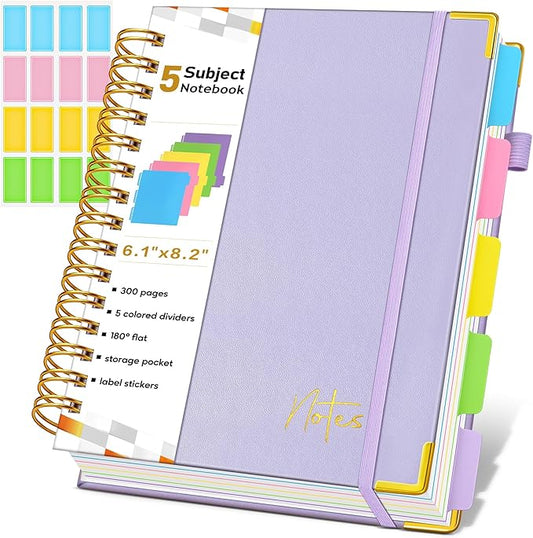 Spiral Notebook Journal with Removable Dividers Tabs, 300 Pages Hardcover Leather 5 Subject College Ruled Notebook, 6.1"x8.2" Large A5 Lined Journal for Women, Spiral Notebook for Work School, Purple