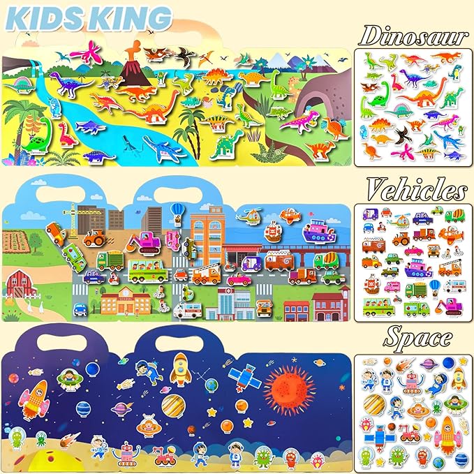 Reusable Sticker Books for Toddlers 1-3, Puffy Stickers Book for Kids Ages 2-4, Toddler Travel Essential Activities Toys for Boy Girl Birthday Christmas - Vehicle, Space and Dinosaur (3 Set)