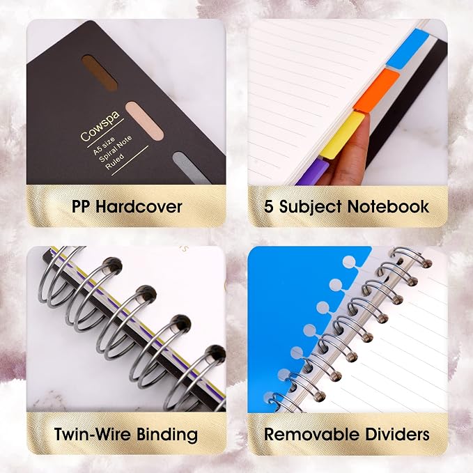 5 Subject Notebook Wide Ruled Spiral Bound Journal with Dividers 7"x 8.5"