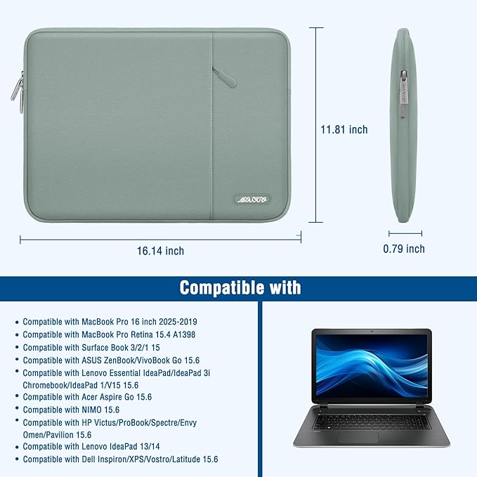 MOSISO Laptop Case 16 inch, 15-15.6 inch Laptop Sleeve Compatible with MacBook Pro 16 M5 M4 M3 M2 M1, HP Acer Dell Lenovo ASUS, Polyester Vertical Computer Sleeve Bag with Pocket, Antique Green