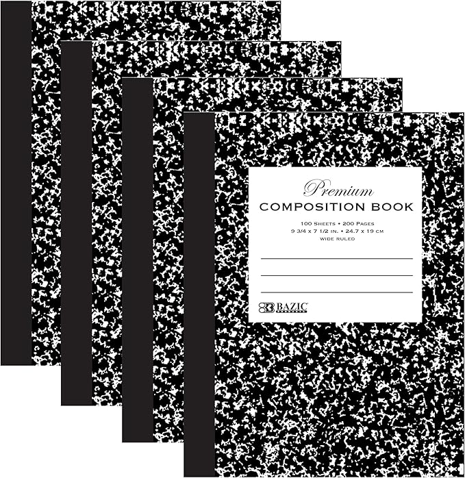 BAZIC Composition Book Wide Ruled 100 Sheet, Premium Black Marble Notebook, Writing Journal Comp Lined Notebooks for School, 4-Pack