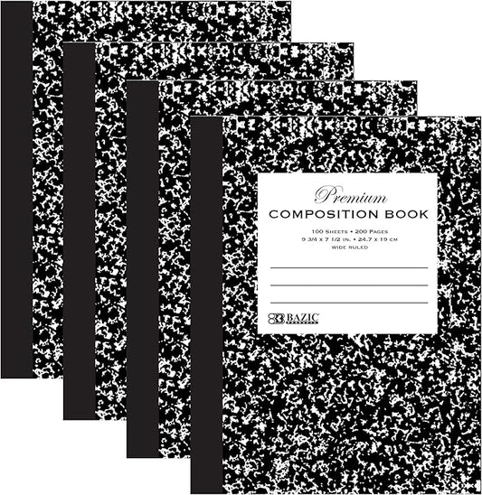 BAZIC Composition Book Wide Ruled 100 Sheet, Premium Black Marble Notebook, Writing Journal Comp Lined Notebooks for School, 4-Pack