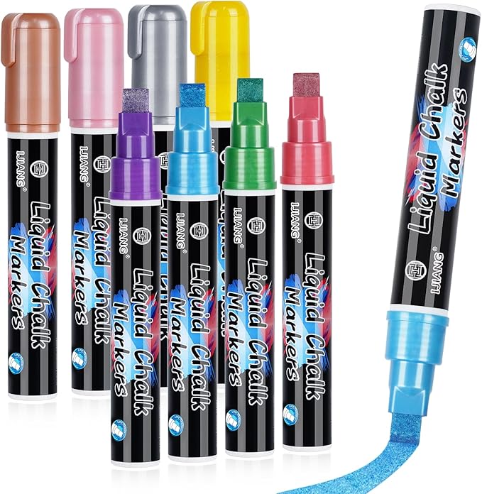 IJIANG Chalk Markers for Car Glass Washable, Metallic Liquid Chalk Marker Dry & Wet-Erasable 10 MM 3-in-1 Tip Chalkboard Markers Non-Toxic Dust Free 8 Color Chalk Pens Windows Mirrors Glass