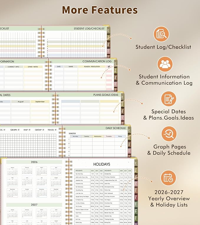 Teacher Planner 2026-2027, July 2026 - June 2027, Academic Weekly & Monthly Calendar Planner with Tabs, 8.5" x 11" A4 Teacher Lesson Plan Book with 7 Periods, Daily Agenda School Organizer for Teacher Student Homeschool, Pink