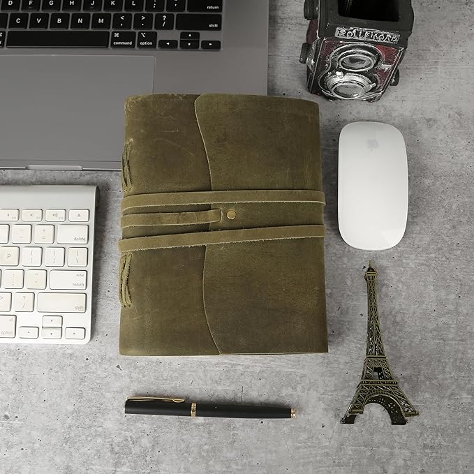 KomalC Handmade Leather Journal 7x5 Inch | Green Vintage Notebook with Unlined Pages | Cotton Recycled Paper | Antique Travel Diary, Sketchbook, Writing Journal for Men & Women