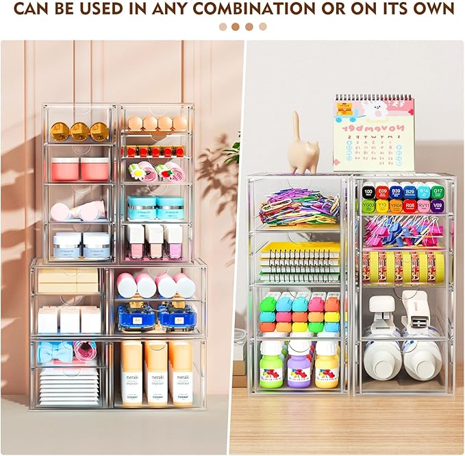 ARSTPEOE 22 Drawers, Acrylic Desk Makeup Organizer, Plastic Drawers Organizer, Stackable Storage Solution for Makeup, Dresser, Office, Bathroom Clear Plastic Craft and Bead Storage Cabinet