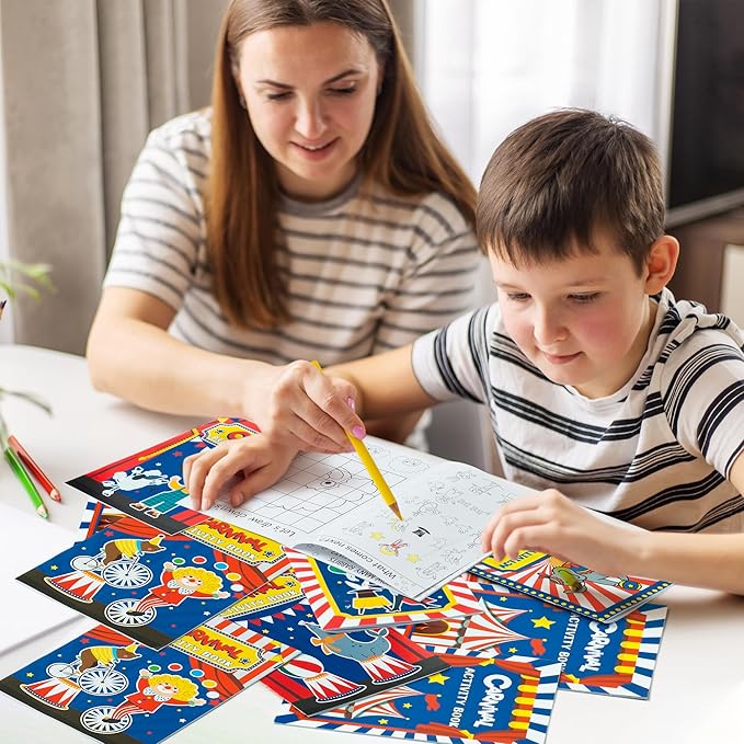 JAPBOR Carnival Activity Coloring Books - 24PCS Mini Circus Carnivals Activities Color Books Bulk for Kids Party Favors, Showman Themed Small Colouring Pages for Birthday Class Drawing Painting Game