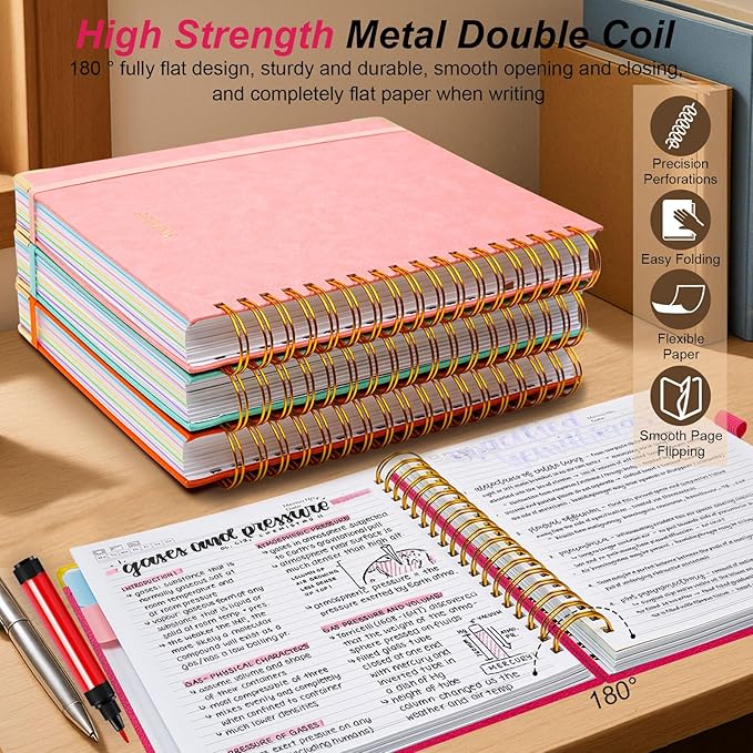 Hardcover Spiral Notebook 8.5"x11" Journal Notebook with Tabs and Removable Dividers 300 Pages 5 Subject Notebook College Ruled, Faux Leather Spiral Bound Notebook for Women School Work (Rose Red)