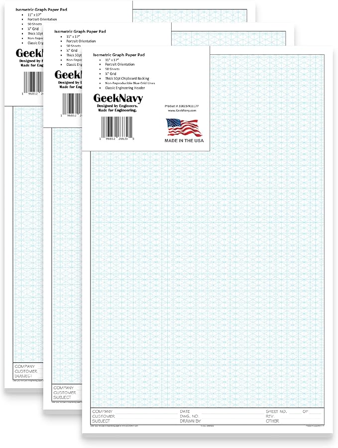 GeekNavy 11" x 17" Isometric Graph Paper 50 Sheets Portrait - 0.25" Grid, Non-photo Blue, High Brightness, Drafting, Engineering, Art, 3D Design (3-Pack)