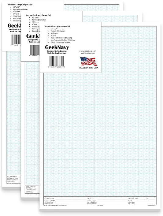 GeekNavy 11" x 17" Isometric Graph Paper 50 Sheets Portrait - 0.25" Grid, Non-photo Blue, High Brightness, Drafting, Engineering, Art, 3D Design (3-Pack)