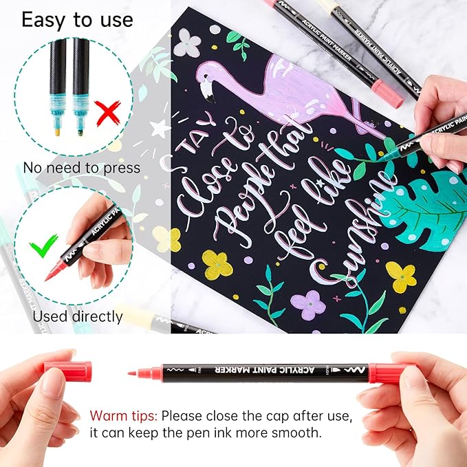 Shuttle Art 60 Colors Dual Tip Acrylic Paint Markers, Brush Tip and Fine Tip Acrylic Paint Pens for Rock, Ceramic, Wood, Canvas, Plastic, Glass, Stone, Calligraphy, Card Making, DIY Crafts