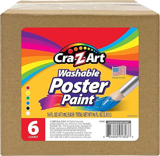Cra-Z-Art Washable Poster Paint Bulk, Assorted Colors 16oz each bottle, 6 count