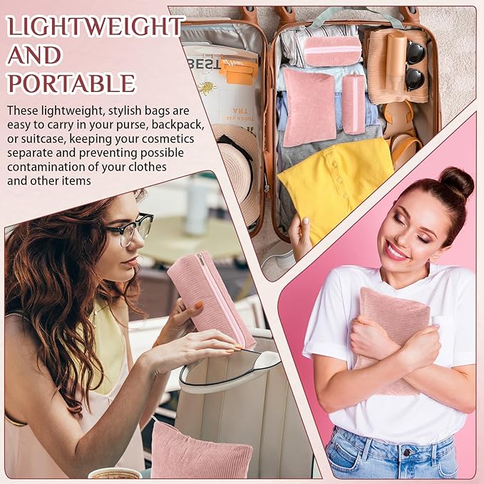 Huhumy 3 Pcs Makeup Bag Set for Women Corduroy Cosmetic Pouch Aesthetic Smile Travel Toiletry Bag Cute Purse Pouch Pencil Case Makeup Brushes Storage Organizer with Zipper(Pink,Solid Style)