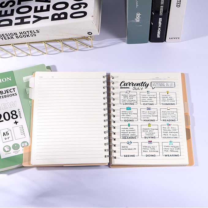 FLYING EAGLE Small 5 Subject Notebook College Ruled Spiral Notebook 5x7 with Dividers Tabs Waterproof Plastic Cover Thick Paper Notebooks for Work School, Green