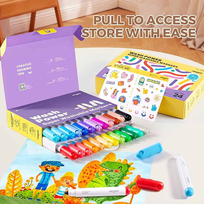 Jar Melo Washable Markers for Kids Toddlers 2-4, Safe Non-Toxic Water Based Markers for Age 1-3 4-8, Coloring Art Supplies for Preschool Gift, 24 Colors