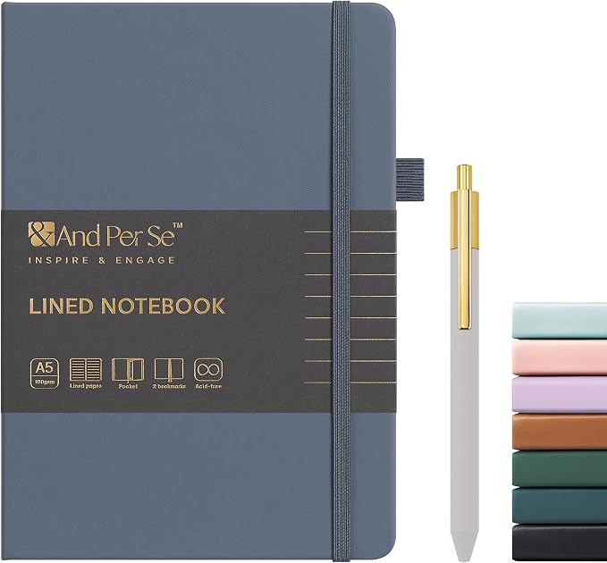 &And Per Se Lined Journal and Pen Set, A5 Leather Hardcover Notebook with Pen & Stationary Set, 160 Pages 100GSM Thick Ruled Paper Journal for Business Work Writing (Dark Blue)