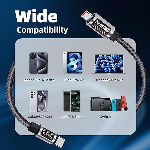 TBBGA 240W USB C to USB C Cable，5FT Nylon Braided Type C Fast Charging Cable for iPhone 16/16 Plus/16 Pro/16 Pro Max/15, MacBook Pro, iPad Pro,for Galaxy S25/S24，Switch, Pixel(Black)