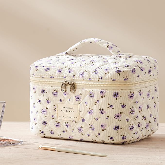 HBselect Quilted Makeup Bag, 3Pcs Cotton Large Travel Makeup Bags Organizer | Cute Floral Make up Bag Cosmetic Bag Toiletry Bag for Women Girls, Makeup Pouch for Skincare, Brushes & Travel Essentials