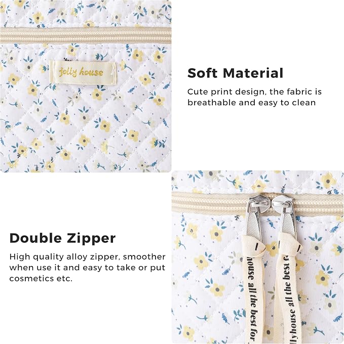 HBselect Quilted Makeup Bag, 3Pcs Cotton Large Travel Makeup Bags Organizer | Cute Floral Make up Bag Cosmetic Bag Toiletry Bag for Women Girls, Makeup Pouch for Skincare, Brushes & Travel Essentials