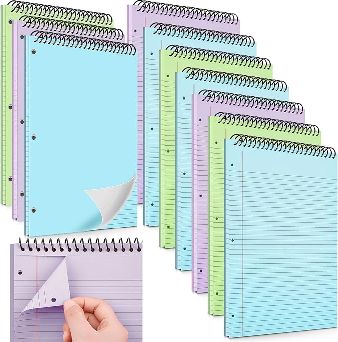MotiMind 10 Pack 8.5" x 11" Top Spiral Notebook with 3 Hole Punched Legal Pads College Ruled Notepad 50 Sheets Hard Cardboard Paper Wirebound Notepad for Office School Business(Green, Blue, Purple)