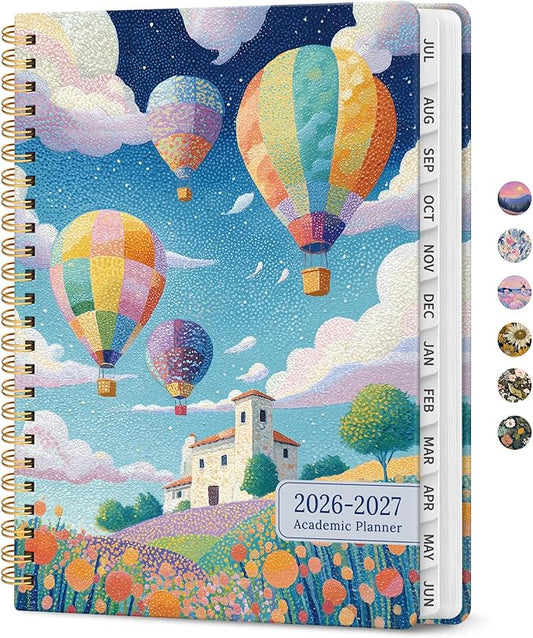 Planner 2026–2027, Academic Monthly Weekly Spiral Calendar, July 2026 – June 2027, Hardcover Agenda Notebook with Tabs, 6.3" x 8.5", Perfect for Students, Teachers, School & Daily Planning - Balloon Valley