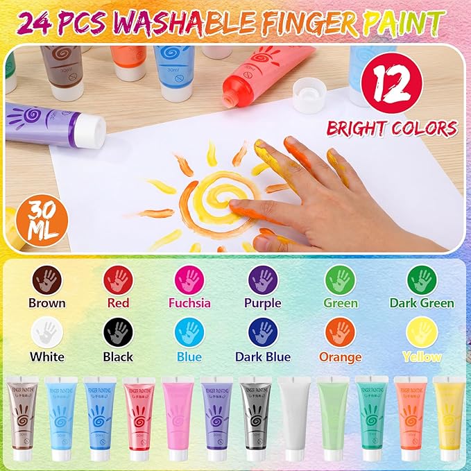 48 Pcs Washable Finger Paint Set for Kids Ages 3-12, Non-toxic Baby Safe Paint 12 Colors (1 Fl oz Each), Hand and Feet Painting Art Supplies, Preschool Learning Activities Gifts for Kids