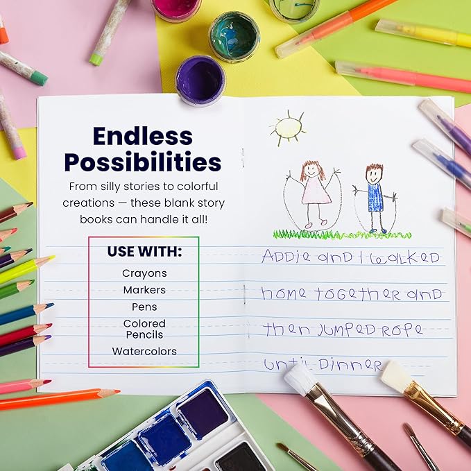 Hygloss Half Blank Books for Kids to Write Stories & Illustrate – Bulk 100 Pack – 5.5" x 8.5" A5 – Primary Journal for Grades K-2, Preschool/Kindergarten Notebook with Picture Space – 24 Pages, White