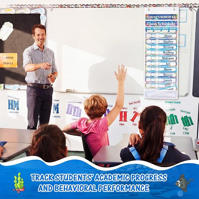 Ocean Daily Schedule Pocket Chart For Classroom Decor With 13+1 Pockets And 42 Designed Schedule Cards, Teacher Supplies For Preschool Classroom Home Office Back To School Decorations