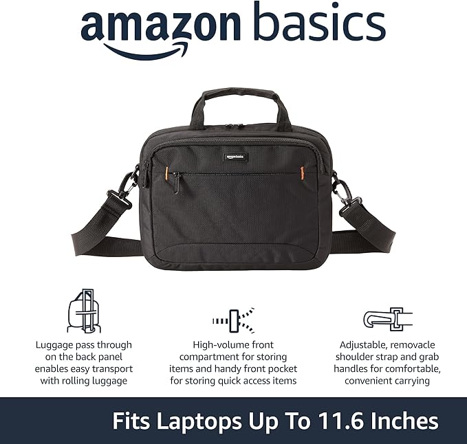 Amazon Basics 11.6 inch Laptop Bag with Shoulder Strap and Handle, Briefcase with Large Capacity Compartments for Tablets and Accessories, Black, 1-Pack