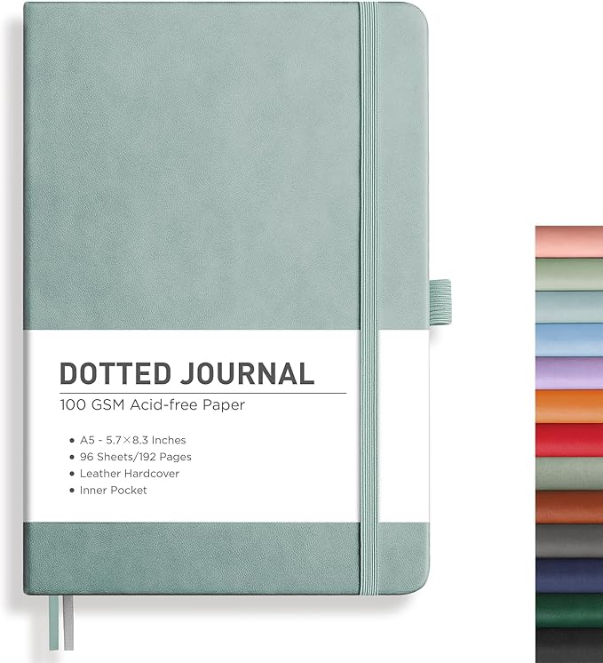 RETTACY Dotted Journal Notebook, 192 Pages, A5 Medium Size (5.7'' x 8.3''), Leather Hardcover, 100 GSM Thick Paper, for Journaling, Planning, Tracking (Blue-gray)