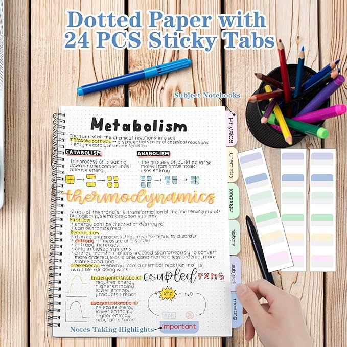 Spiral Notebook, 8.5" x 11" Dotted Journal Notebook, A4 Dot Grid Notebook Pack, 560 Pages Large Dot Journal for Bullet, Work, School, 24pcs Index Tabs, Thick Paper, Assorted Pastel Notebook