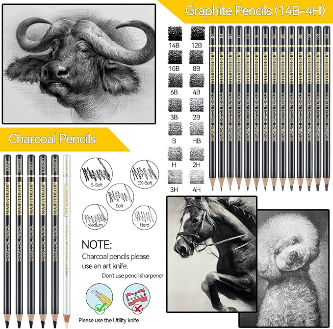 MARTCOLOR Drawing Sketching Pencil Set, 26 Pieces, Graphite Pencils (14B-4H), Charcoal Pencils, Charcoal Sticks, Blending Stump, Eraser, Sharpeners, Artist Pencils for Beginners & Pro Artists