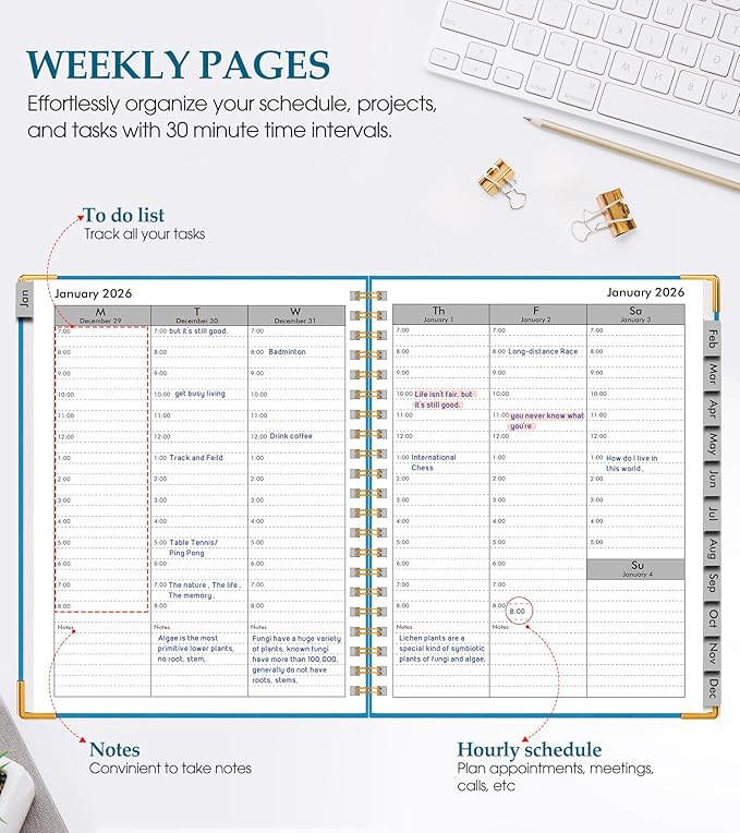 2026 Planner, Weekly and Monthly Calendar Planner from January 2026 - December 2026, 8.5" x 11" Hardcover Leather Hourly Appointment Book with Tabs, Spiral Daily Planners for College School Work Home, Sky Blue