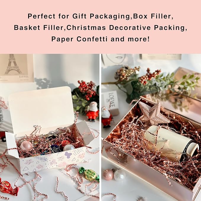 1LB Crinkle Cut Paper Shred Filler for Gift Box Bag and Basket On Holidays(Rose Gold)