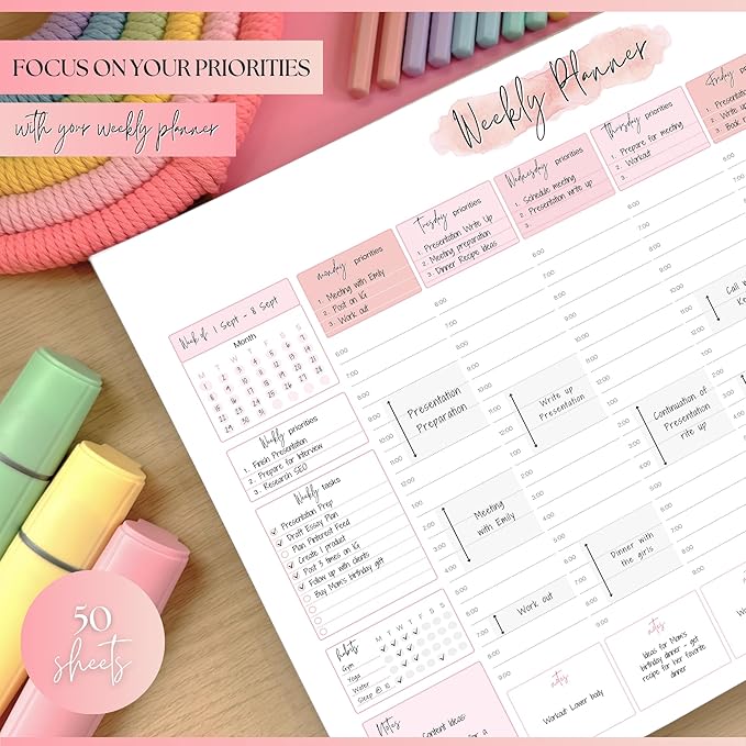 Weekly Hourly Planner Notepad, Daily Planner Desk Pad, Weekly Schedule, To Do List Note Pad, ADHD Planner | 50 Undated Tear Away Sheets | A4 (Pink)
