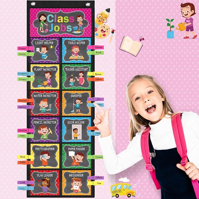 Pasimy Class Jobs Pocket Chart Class Helpers Pocket Chart Classroom Jobs Cards with Clips and Hooks Teacher Helper Bulletin Board Set for Back to School Classroom Teacher Supplies(Chalkboard Bright)