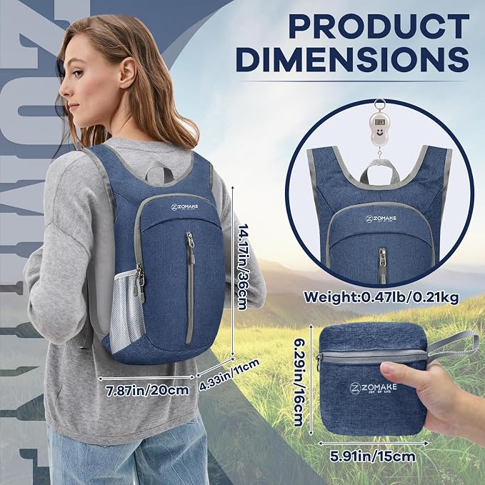 ZOMAKE 10L Ultra Lightweight Packable Backpack, Small Daypack Light Foldable Backpacks Water Resistant Day Bag for Hiking(Navy Blue) | Water Resistant Collapsible Backpacks for Women Men, Everyday Carry, Multi Compartment Storage,Adjustable Strap(Navy ...