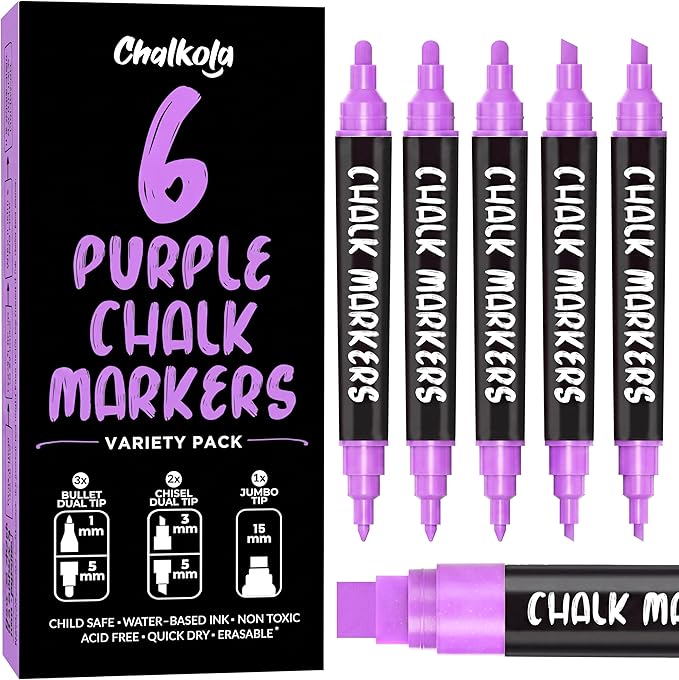 Chalkola 6 Purple Chalk Markers - Dual tip, Fine & Jumbo Tip (1mm, 3mm, 5mm, 15mm) | Erasable Liquid Chalk Pens for Blackboard, Chalkboard Signs, Car Window, Bistro, Glass | Washable Markers