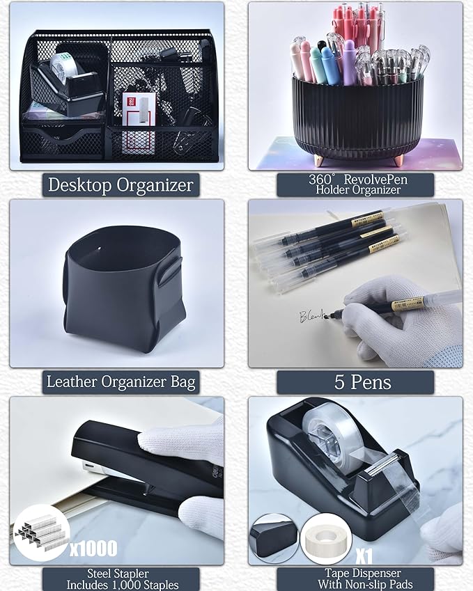 20Pcs Black Desk Organizers and Accessories With Mesh Desk Organizer and 360°Rotating Pen Holder and a Lot of Office Black Office Supplies Beautifully Presented in a Gift Box