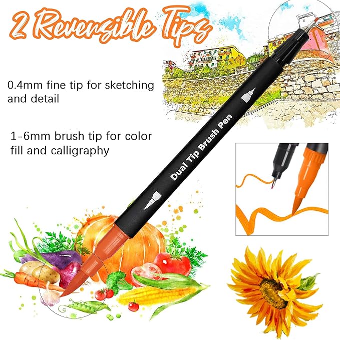 Orange&Yellow Dual Tip Brush Pen,Colored Fine & Brush Calligraphy Pens, Dual Tip Yellow Markers for Adult Coloring Books Drawing Planner Calendar Art Sketch Outlining Sketching Calligraphy