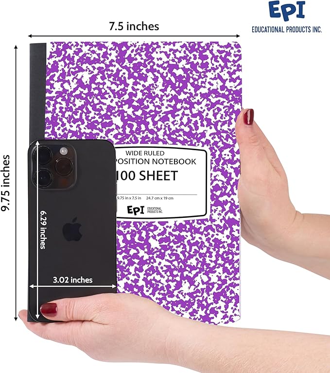 4 Pack - EPI Wide Ruled Marble Composition Notebook - Purple 200 Page Note Book - 9.75 x 7.5 Inch Hardcover Journal with Sewn Binding for Secure Pages - Classroom Back to School Supplies