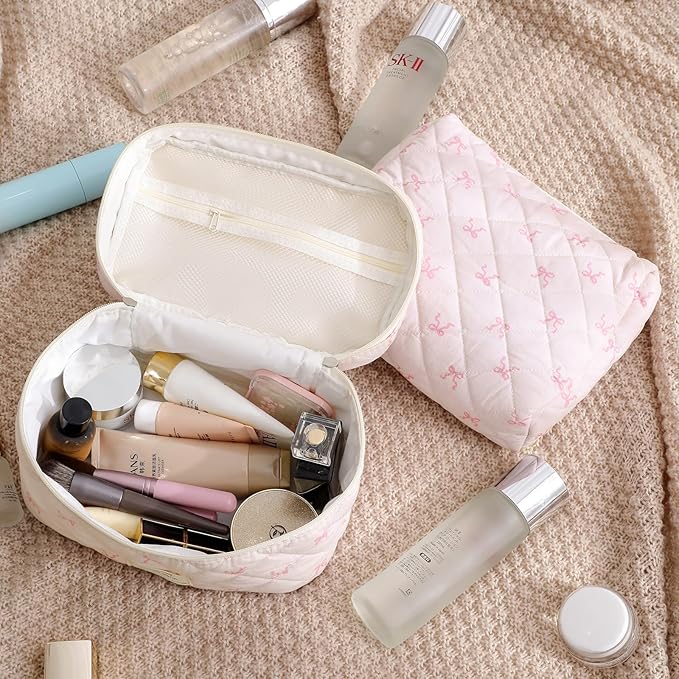 uekeboag Large Travel Quilted Makeup Bag for Women | Soft Floral Cotton Cosmetic Bag, Foldable Coquette Aesthetic Toiletry Organizer