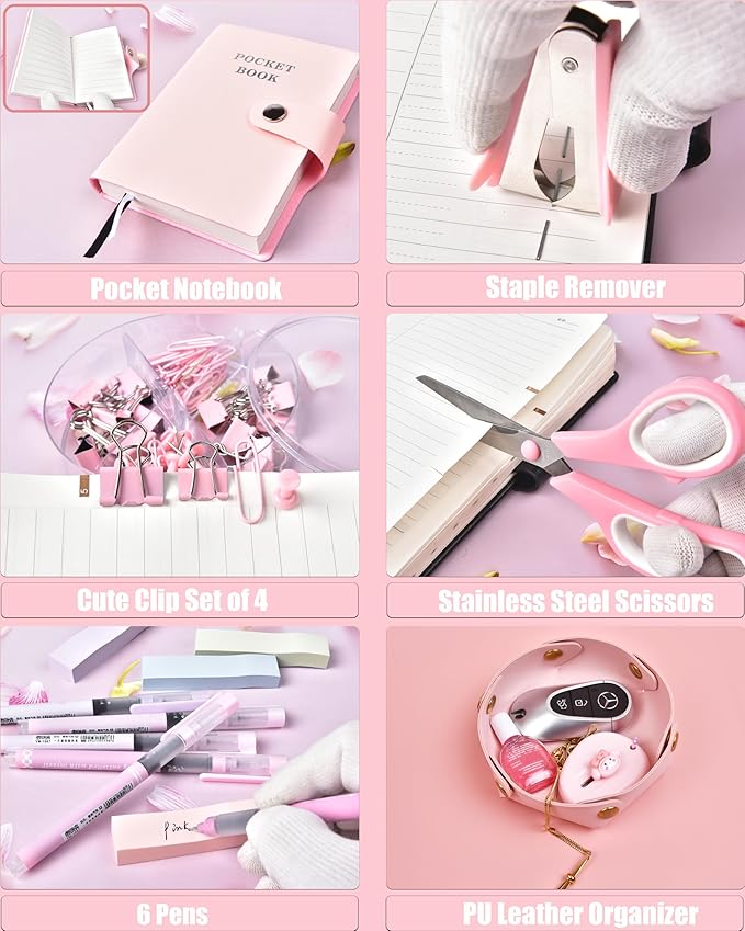 LXEVIHK Pink Desk Accessories, 20Pc Office Supplies and 360°Pen Holder Desk Organizers, With Tape Dispenser, Stapler, Staple Remover, Ect, Let the Color Pink Fill Your Desktop